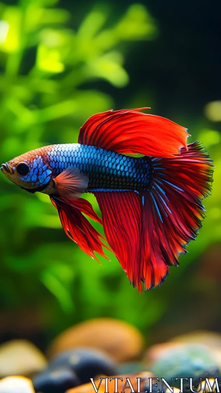 Vibrant betta fish with flowing red fins in soft bokeh tank.