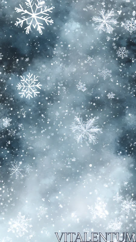 Whirling winter snowflakes drifting through midnight hush.