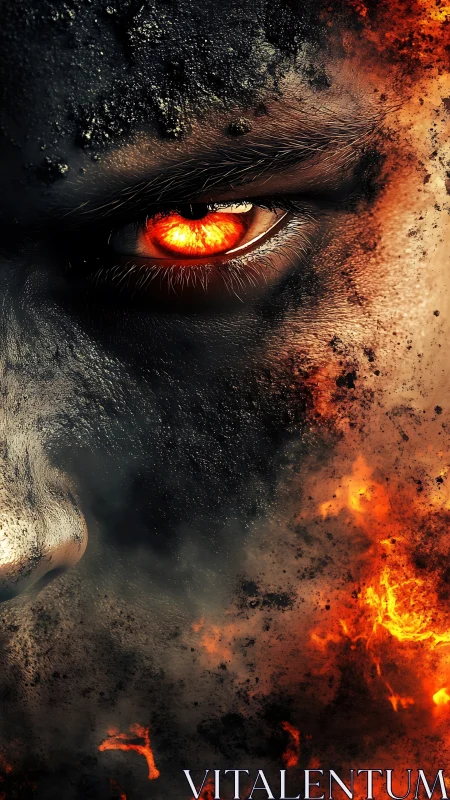 Molten ember eye within charred visage and erupting flames.