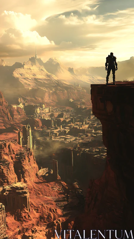 Lone explorer quietly surveys a vast sunlit alien canyon
