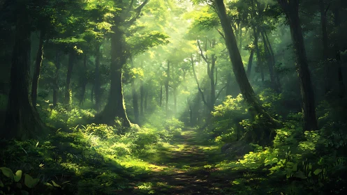 Luminescent Forest Canopy with Atmospheric Light Rays.
