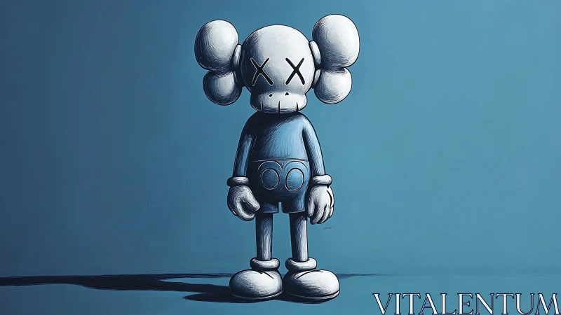 Blue monochrome illustration of stylized X-eyed figure.