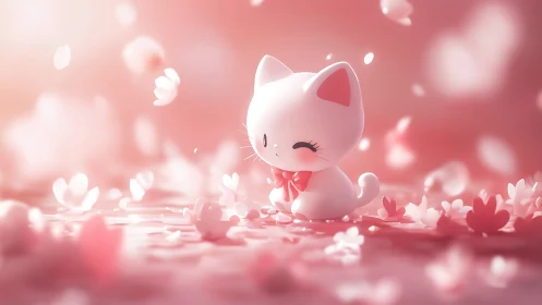 Cute white kitten sits amid soft pink flower petals