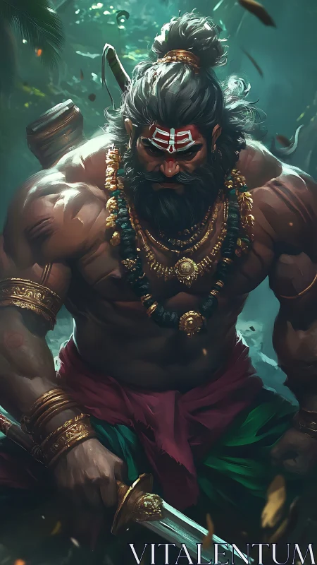 Warrior figure with sword and ornaments in dense foliage.