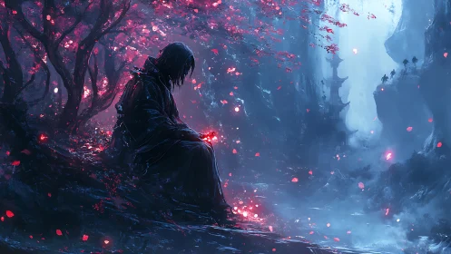 Solitary hooded figure in glowing cherry blossom ravine.
