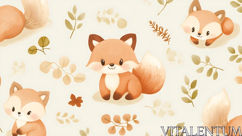 Digital watercolor fox pattern with soft botanical repeats.