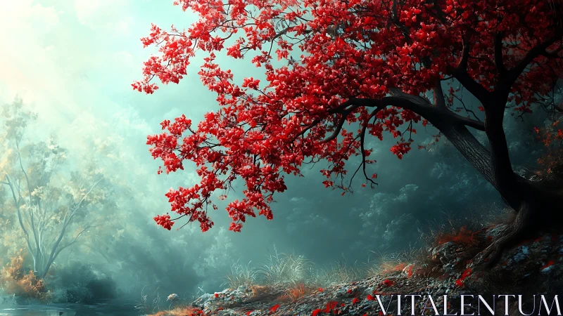 Red tree over misty forest stream in soft morning light.