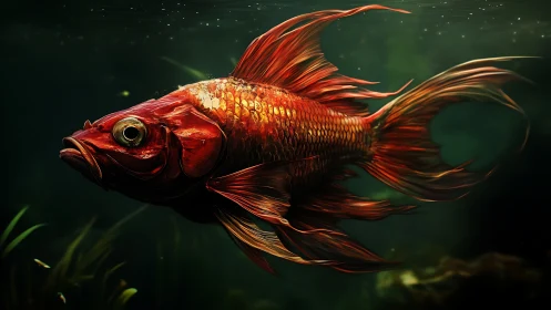 Hydrodynamic study of a red ornamental fish in dim aquatic field.