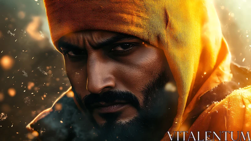 Incandescent hooded portrait under particulate ember light.