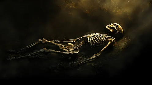 Subterranean human skeleton in directional archaeological light.