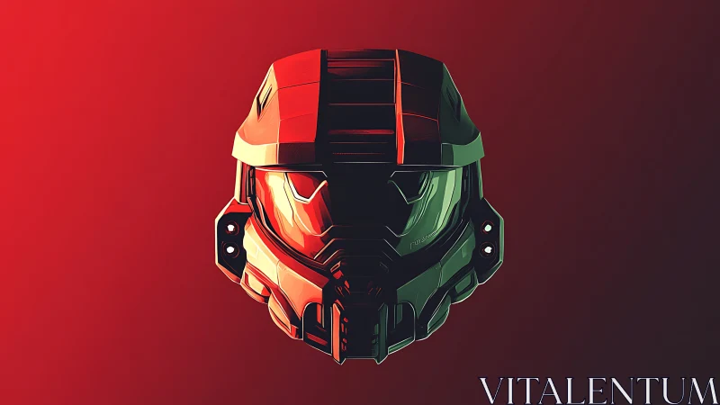 Bold sci fi combat helmet glows against a moody red void
