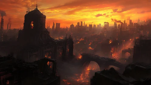 Post-apocalyptic megacity skyline burns under infernal sunset