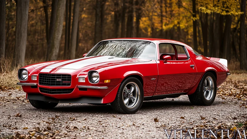 Red classic coupe is parked on gravel in a forest setting