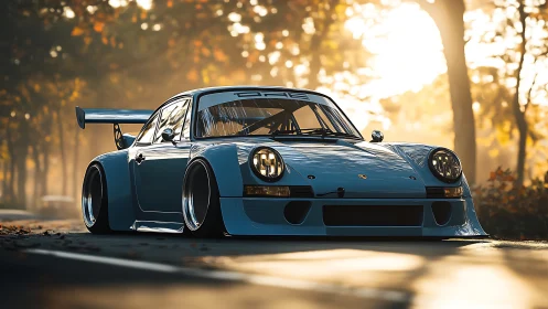 Photorealistic widebody classic racer in autumn backlight.