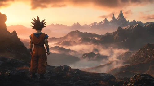 Saiyan warrior surveys blazing sunset over misty peaks.