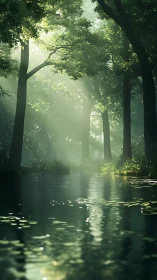 Luminous Forest Stream with Verdant Canopy.