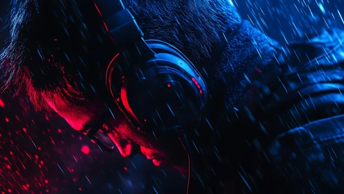 Electric rain pours around a focused gamer lost in sound