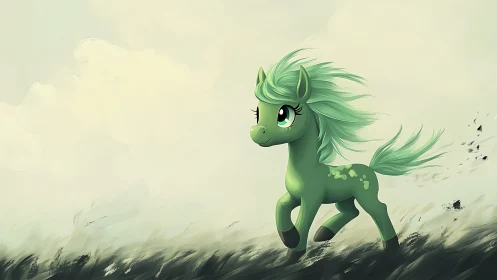 Green cartoon pony runs through abstract grassy field