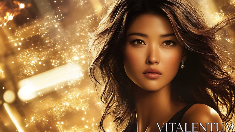 Portrait of woman against illuminated golden abstract field.