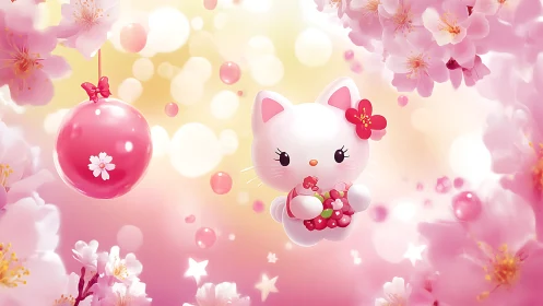 Chibi white cat mascot floats among glossy sakura blossoms and bokeh