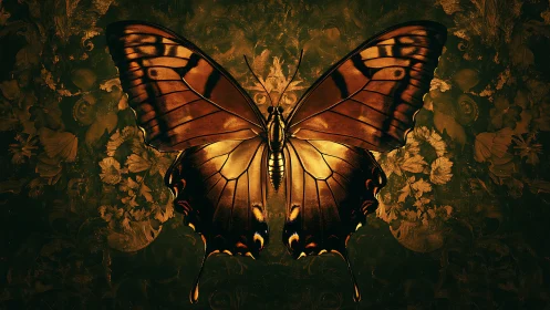 Golden butterfly spreads luminous wings in a dark floral glow