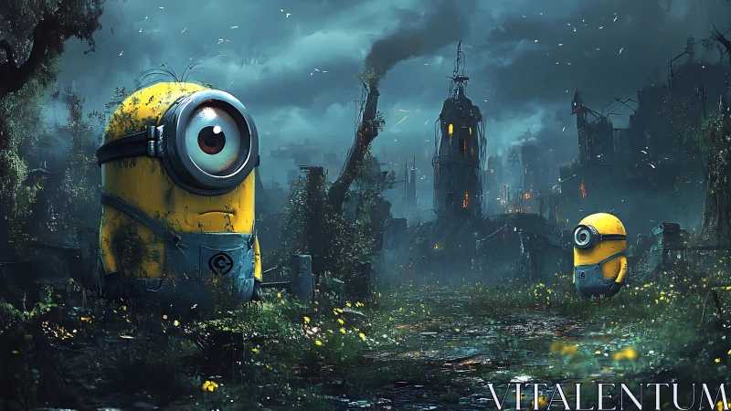 Yellow cyclopean figures in overgrown industrial ruins.