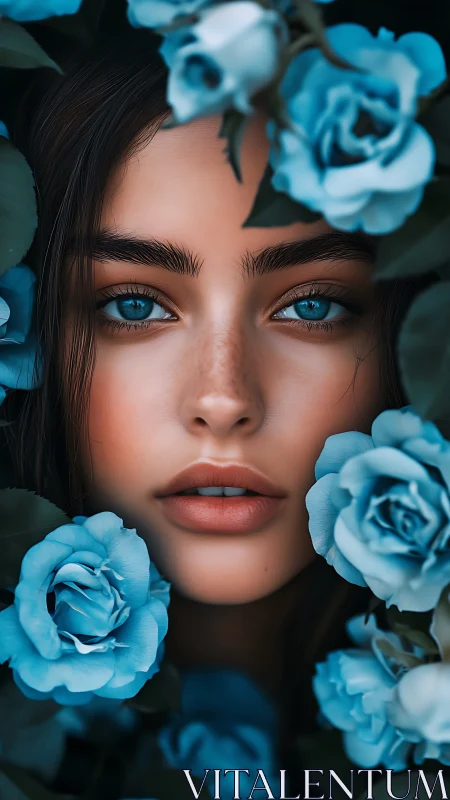 Blue eyed portrait framed by vivid teal roses.