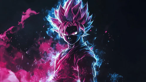 Neon energy warrior surrounded by swirling pink blue aura.