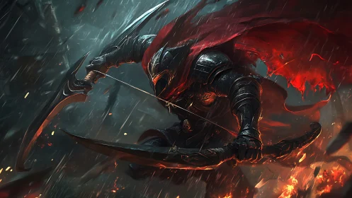 Armored archer in stormlit battle with burning crimson cape.