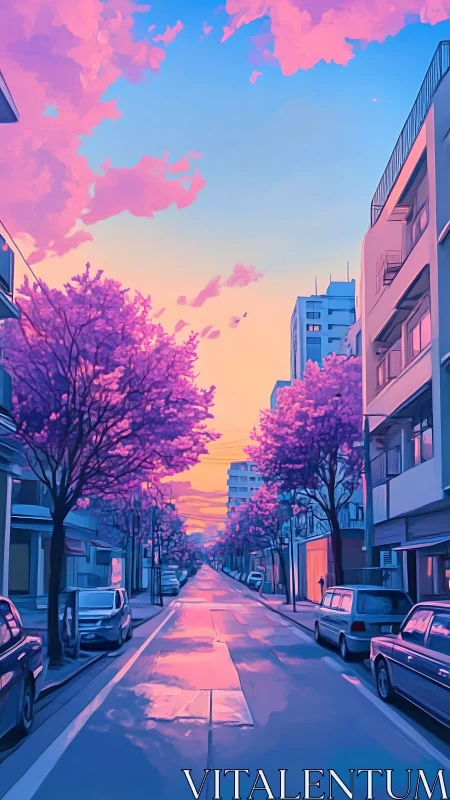 Neon pastel city street glows under a dreamy sakura sunset