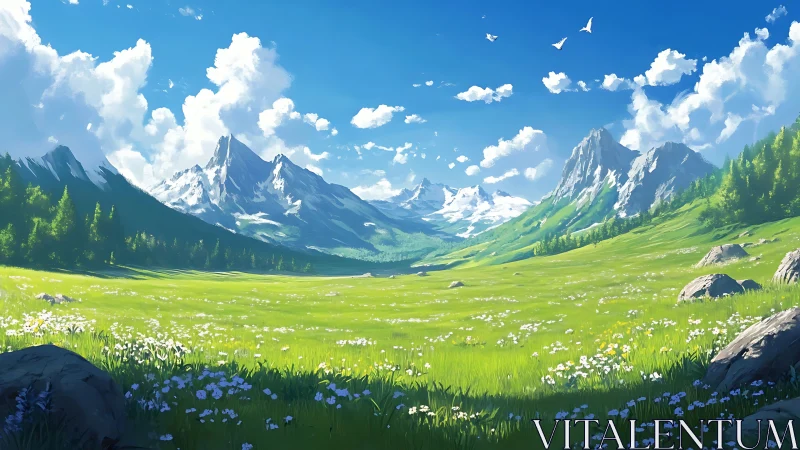 Wide alpine valley extends between snow covered mountain peaks