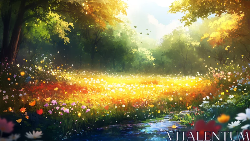 Sunlit wildflower meadow glows under lush forest canopy.