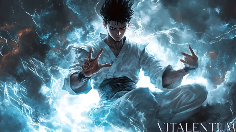 Martial artist levitates amid blue-white crackling energy field