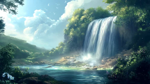 Luminous forest waterfall cascade with misted pool and clouds