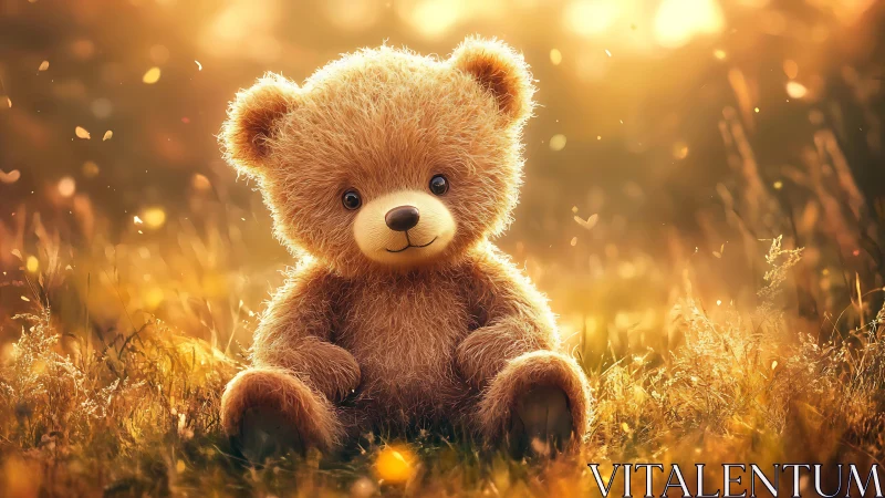 Fluffy teddy bear relaxing in golden evening sunshine.
