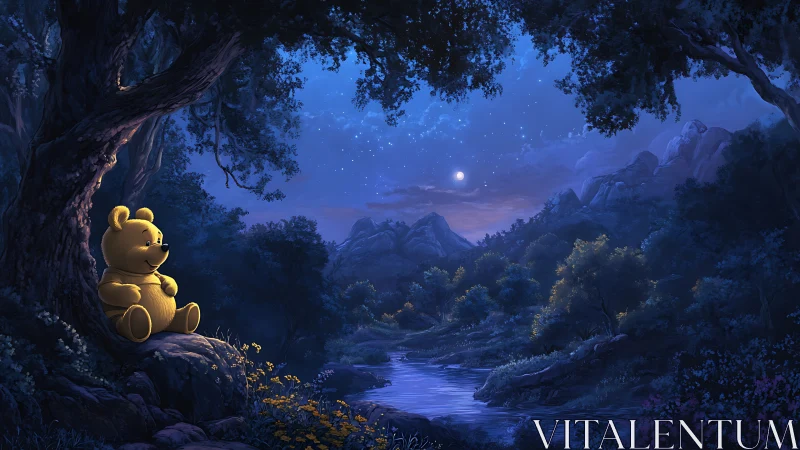 Stuffed bear watches quiet moonlit river under deep blue sky