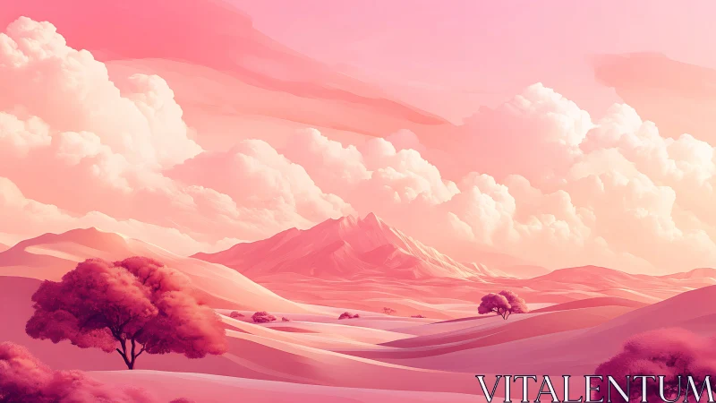 Pink surreal valley with glowing mountains and clouds.