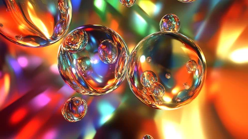 Glass-like bubbles float within multicolored refracted light
