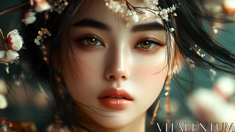 Ethereal floral portrait of woman with luminous hazel eyes.