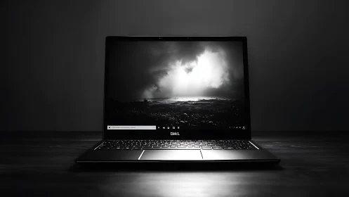 Closed-frame view shows an illuminated Dell laptop display