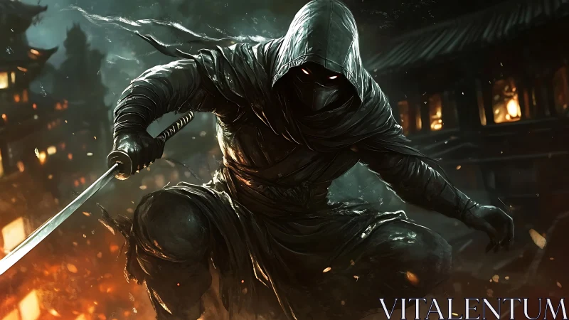 Hooded cyber-ninja with katana amid burning feudal compound