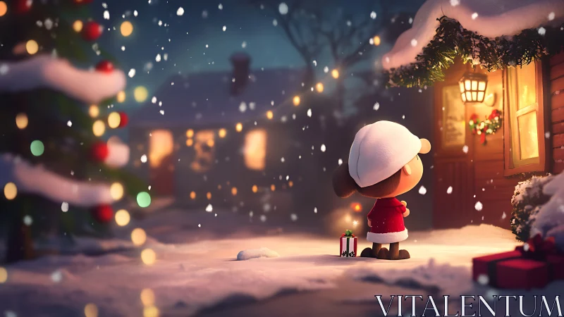 Little child in red coat gazes at warm Christmas doorway.