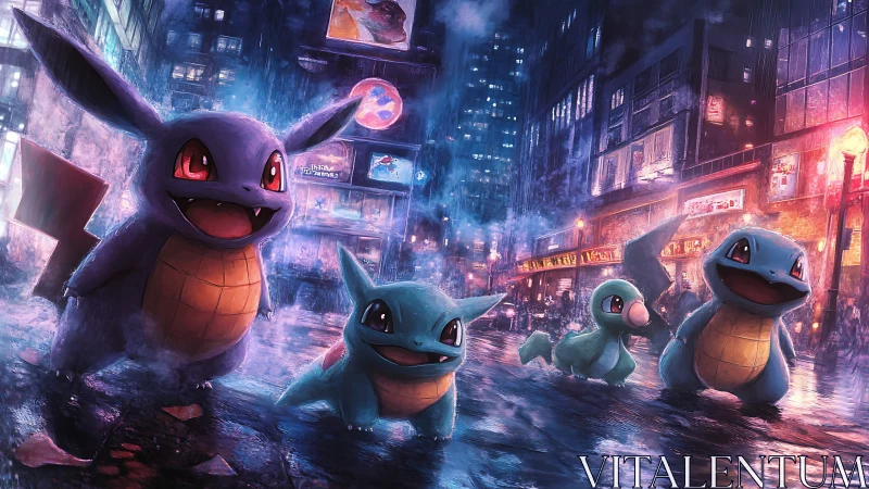 Playful blue creatures exploring a neon soaked night city.