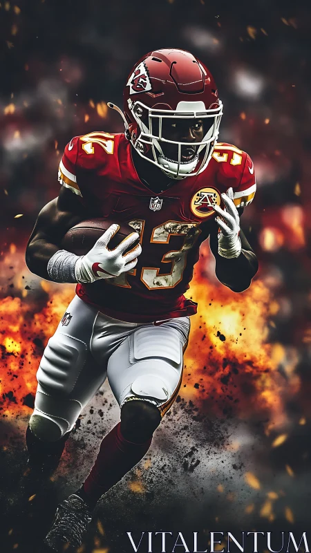 Fiery football runner charging forward with fearless energy.
