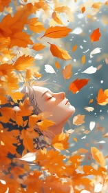 Gentle autumn day wraps a peaceful dreamer in falling leaves