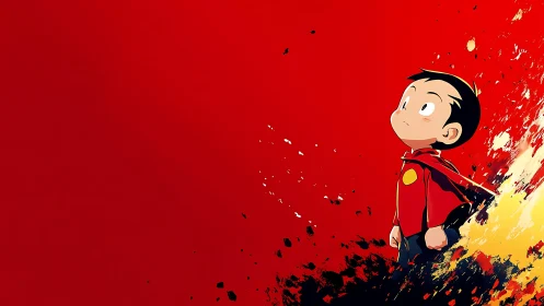 Cartoon boy in red cape stands against dynamic red backdrop