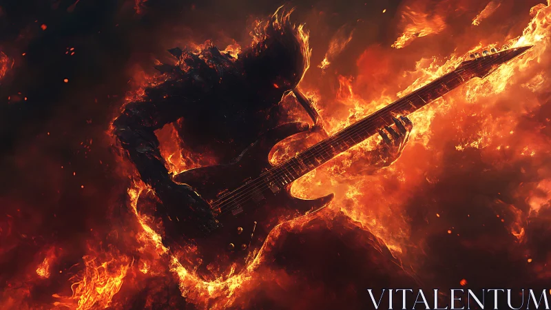 Flaming guitarist silhouette in intense fiery environment.