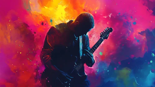 Guitarist silhouette against vivid abstract color burst.