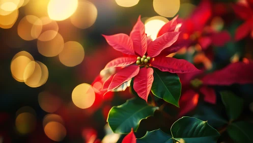 Luminous red poinsettia glows amid warm holiday bokeh.