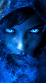 Mystic blue-eyed sorcerer portrait in dense spectral smoke.